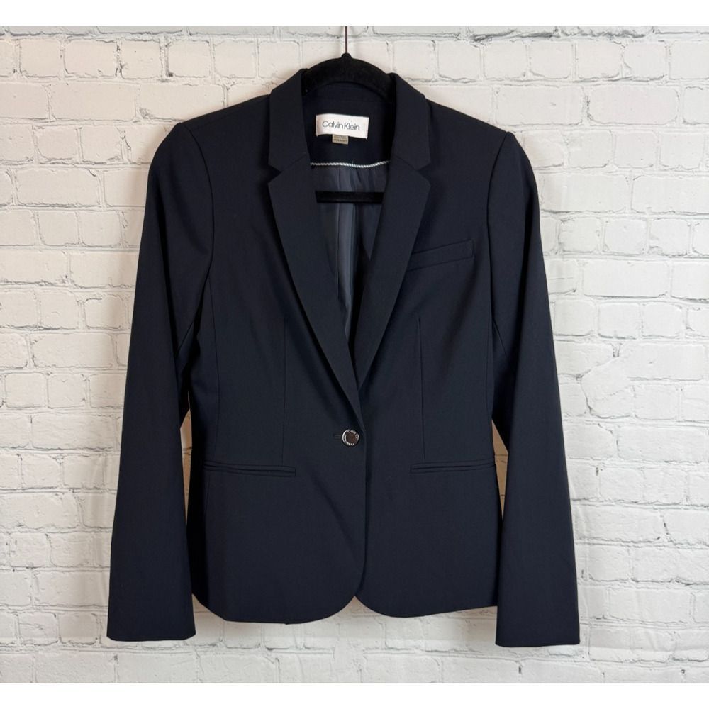 CALVIN KLEIN black dark blue undertone classic career jacket blazer size 4P NWOT